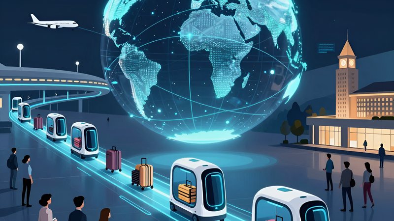 Футуристический транспортный хаб с автономными роботами для автоматизации логистики багажа в международных турах от АльтоСол Консалтинг